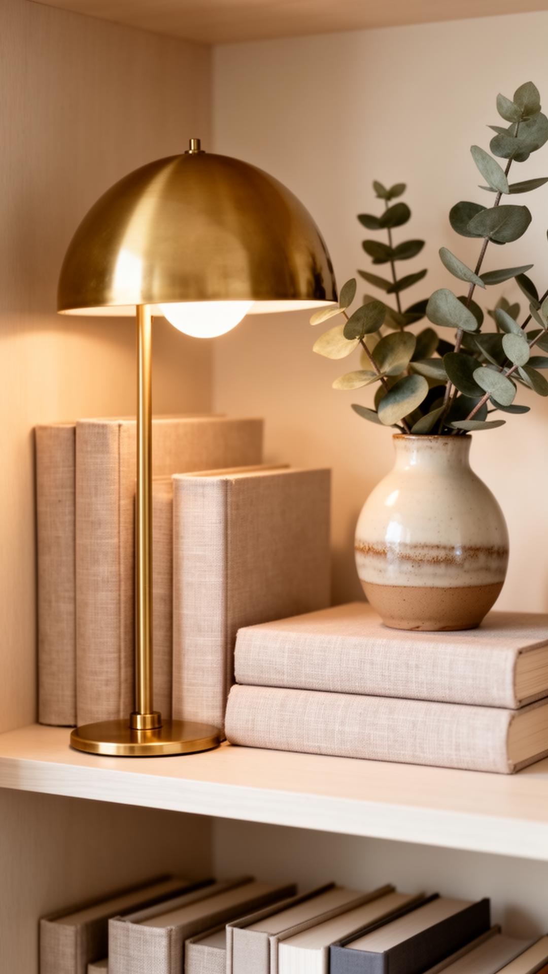 A warm brass lamp and ceramic vessel resting on a styled shelf.